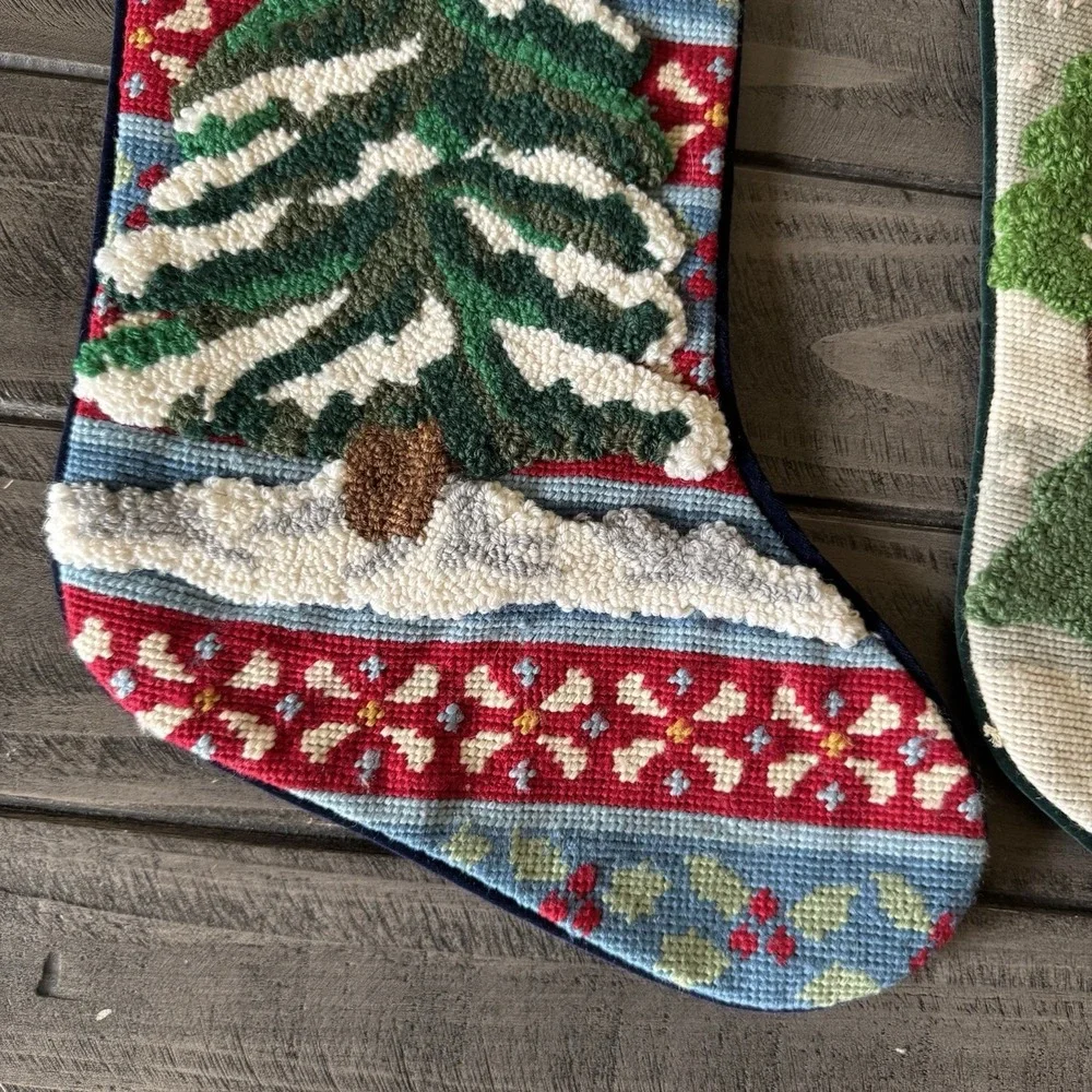 Vintage Needlepoint Christmas Tree Wool Stockings Rustic Cabin Lodge Velvet Back